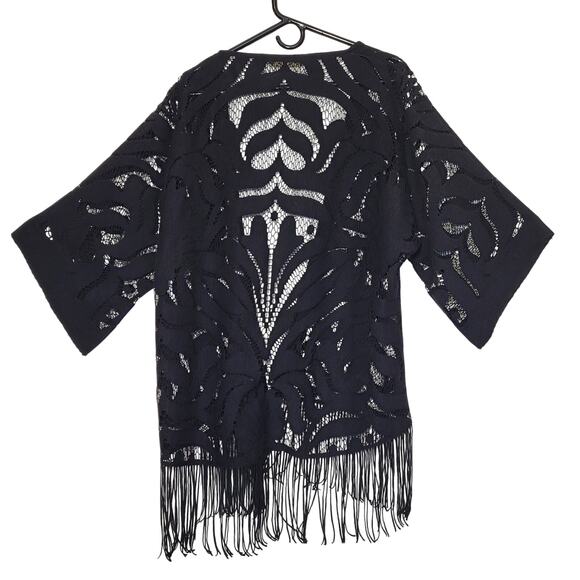 Zara Basic Black Lace Kimono Top Open Front Fringe Hem 3/4 Sleeve Top Size Small - Picture 2 of 7